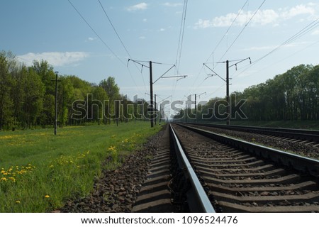 Railroad tracks, rails and sleepers, green grass and flowering dandelions