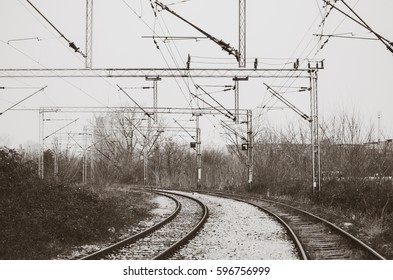 Railroad Tracks With Railway Electrification System. 