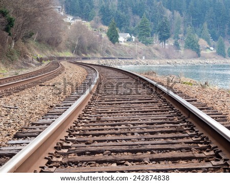 Railroad tracks running along the ocean shore in the Pacific Northwest