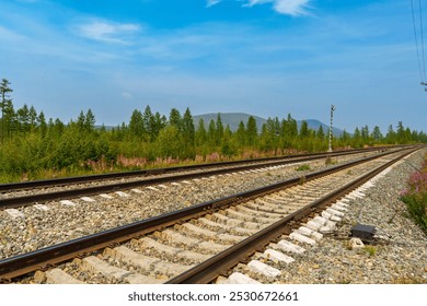 Railroad tracks stretch through a rural landscape with a forest and distant mountains under a partly cloudy sky. The scene is peaceful and remote, with no people in sight - Powered by Shutterstock