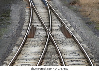 Railroad Tracks With Railroad Switch, Two Paths Come Together