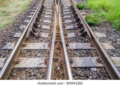 Railroad Tracks With Railroad Switch, Two Paths Come Together