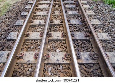 Railroad Tracks With Railroad Switch, Two Paths Come Together