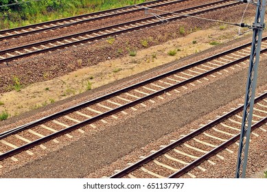 Railroad Tracks With Railroad Switch Two Paths Come Together