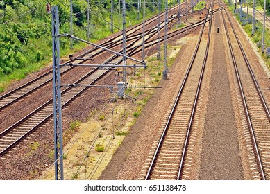 Railroad Tracks With Railroad Switch Two Paths Come Together