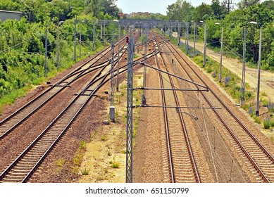 Railroad Tracks With Railroad Switch Two Paths Come Together