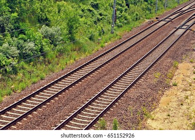 Railroad Tracks With Railroad Switch Two Paths Come Together