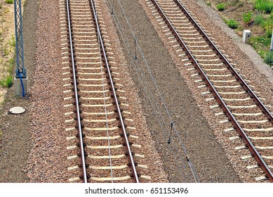 Railroad Tracks With Railroad Switch Two Paths Come Together