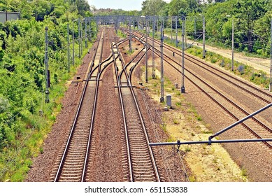 Railroad Tracks With Railroad Switch Two Paths Come Together