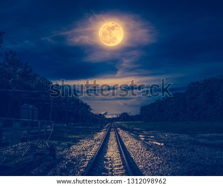 Railroad tracks through the woods at night. Beautiful dark sky and full moon above silhouettes of trees and railway. Serenity nature background. Outdoor at nighttime. The moon taken with my own camera