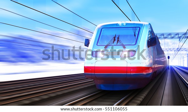 Railroad travel and railway tourism transportation\
industrial concept: scenic winter view of modern high speed\
passenger commuter train on tracks with snow and mountains with\
motion blur effect
