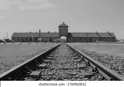 Rails leading to the entrance of Auschwitz concentration camp in Oświęcim, Poland.