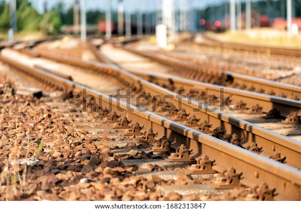 rails with track\
switch in a railway\
station