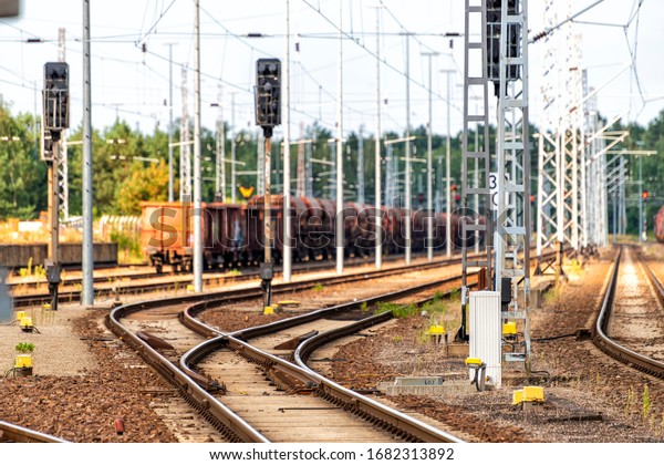 rails with track\
switch in a railway\
station