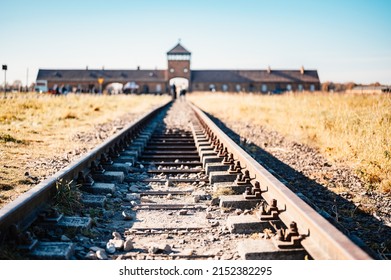 Railway In Auschwitz Birkenau Poland. Stable Access With Tracks To The Prison Camp And Extermination