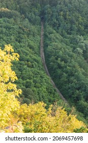 Railway In Beautiful Forest At Sunset. Aerial View Of Train Rails. Landscape With Railroad In Forest. Top View.