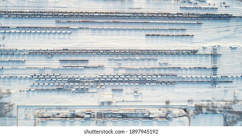 Railway Cargo Station Aerial Above Top Drone View Snow Covered