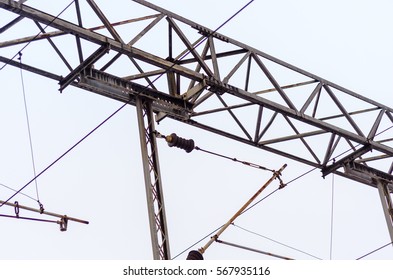 Railway Electrification System Overhead Line Wire Over Rail Track.