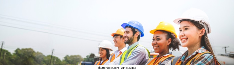 Railway engineer team are standing and looking forward confidently in a successful job, teamwork concept, Image panorama use for banner cover design.