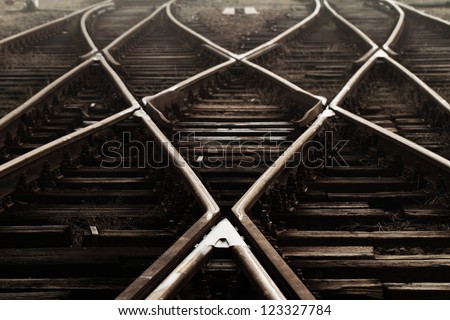 Railway in fog on station, outdoor landscape