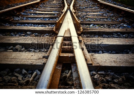 Railway in fog on station, outdoor landscape