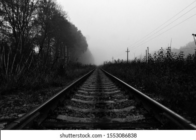 Railway Going Into Sunset Foggy Weather Stock Photo 1553086838 ...