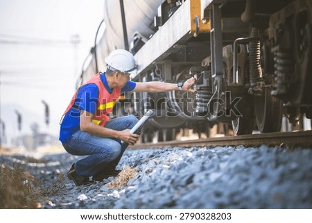 Railway inspector checking freight train suspension and wheel assembly at railyard, Professional engineer performing maintenance inspection on cargo train equipment