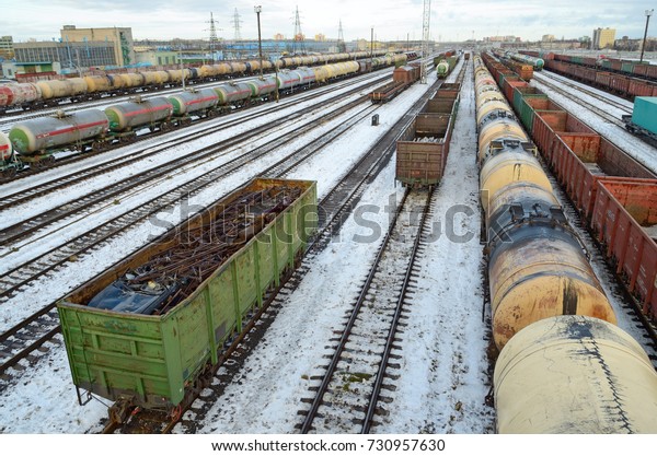 Railway junction of the city.At the\
Railway station there is a large number of freight\
trains.