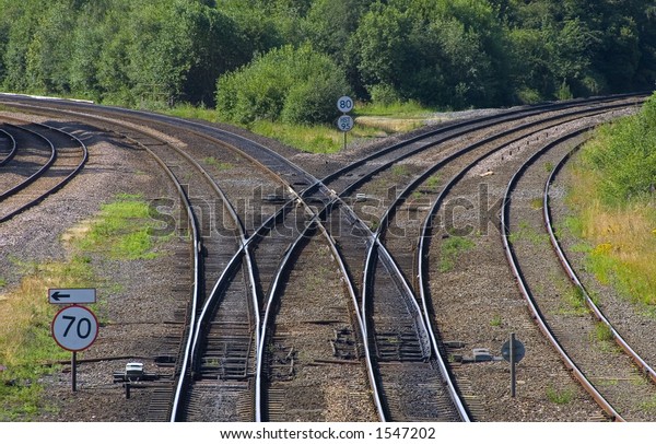 A railway junction with lines curving to left and right. No trains.