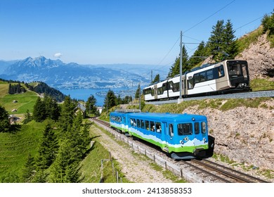 Arth–Rigi railway line rack railway train on Rigi mountain in Swiss Alps in Switzerland