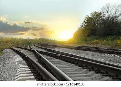 Railway Lines With Track Ballast In Countryside. Train Journey