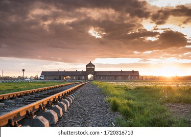 Railway to the nazi concentration and extermination camp Birkenau at sunset