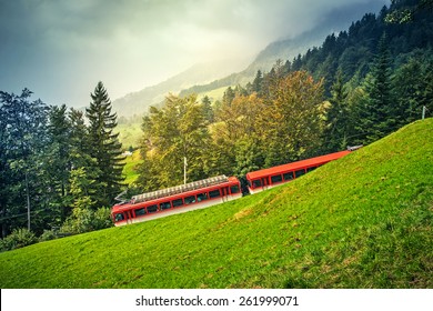 Railway On Rigi Mountain In Alps, Switzerland