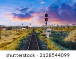railway, railroad, rail, elevated. steppe.- is a means of transportation and passengers of trucks moving on rails that are located on the rails of the Great Plains. Kazakhstan The steppe is great.