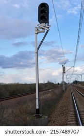 Railway Signaling - Light Semaphore. Train Traffic Lights. Main Line. Industrial Landscape.                         