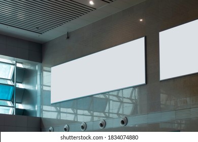 Railway Station Hall Billboard Mock Up With White Screen On The Top, Indoor Board, Empty Frame.