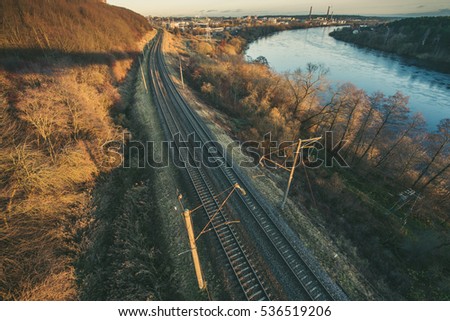 Railway in sunset, selective focus