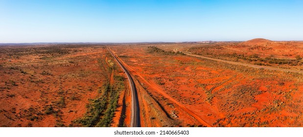 Railway Track And Barrier Highway In Outback Near Broken Hill Mining City Of Far West NSW, Australia - Aerial Panorama.