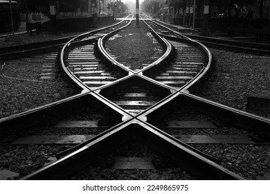 Railway track with switch and interchange and high rise building in Hong Kong city - Powered by Shutterstock