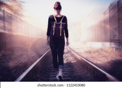 Railway Tracks Walk Woman 