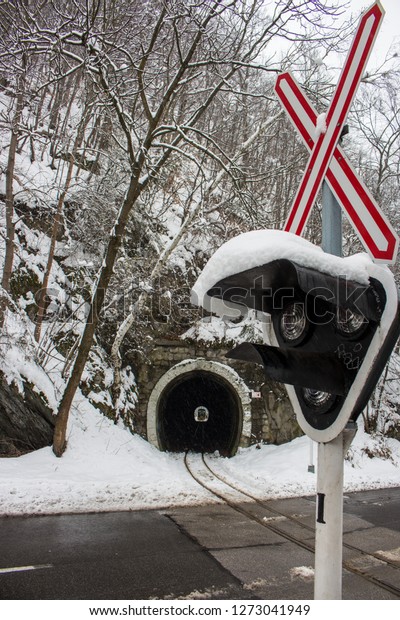 Railway tunnel in snowy forest with crossing sign and\
traffic lights foreground. Railway crossing background. Transport\
and railroad concept. Destination scenes concept. Winter travel\
concept. 