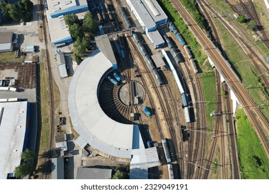 Railway turntable for locomotives aerial view train turntable,aerial panorama landscape view fo turning table for trains on the railway