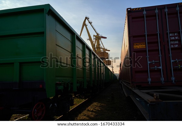 Railway wagon\
in an industrial port. railway carriage for ore transportation in\
the commercial sea port