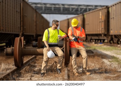 Railway workers checking railway track is level. engineer wearing a safety vest standing confidently on the railway tracks. Shipping worker controlling shipping cargo containers departure