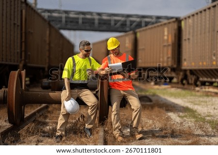 Railway workers checking railway track is level. engineer wearing a safety vest standing confidently on the railway tracks. Shipping worker controlling shipping cargo containers departure