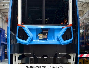 Railway Workshop. Workshop For The Production Of European High Speed Trains. Rail Car Assembly Plant. Train Workshop. Manufacturing Line Of The Rolling Stock. Manufacture Of Swiss Trams And Wagons.