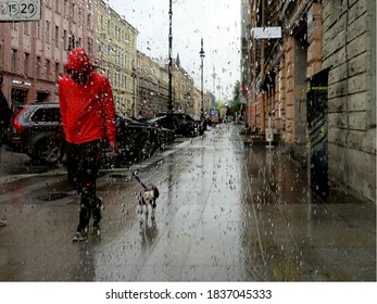 
Rain In The City. A Man Walking A Dog