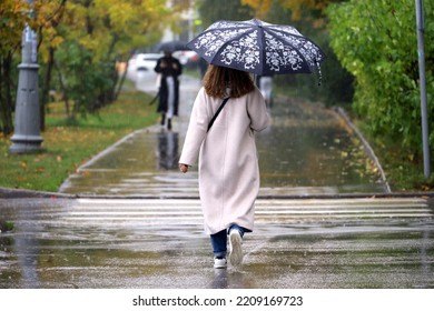 Rain In City, Woman With Umbrella Crossing The Street By Crosswalk. Rainy Weather In Autumn