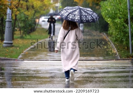 Rain in city, woman with umbrella crossing the street by crosswalk. Rainy weather in autumn