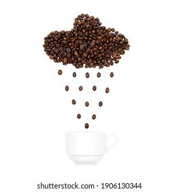 Rain Cloud Made Of Roasted Coffee Beans Pouring Over A White Cup Isolated On White Background